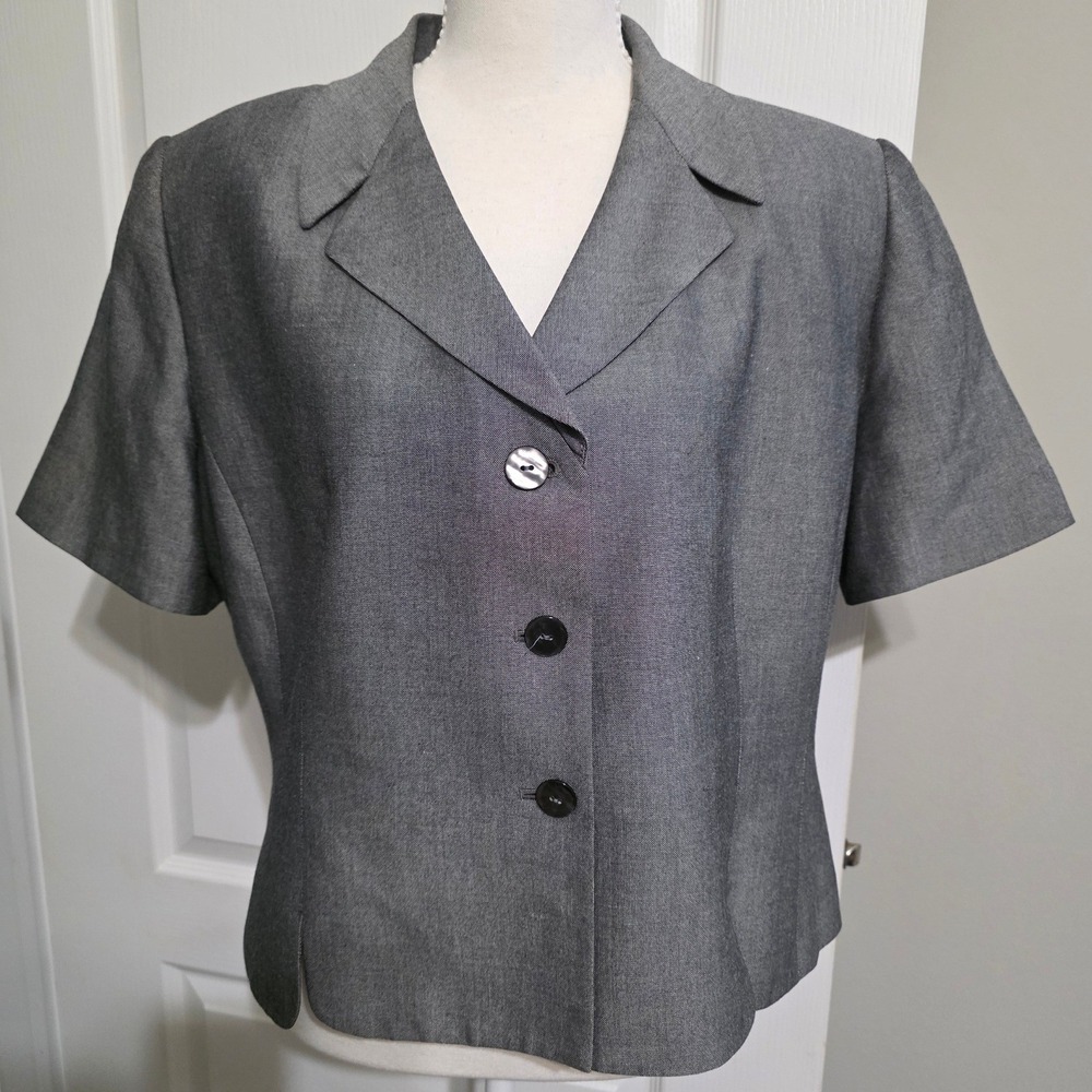 Le Suit Blazer Women 12P Gray Spun Rayon Short Sleeve Button Jacket Professional